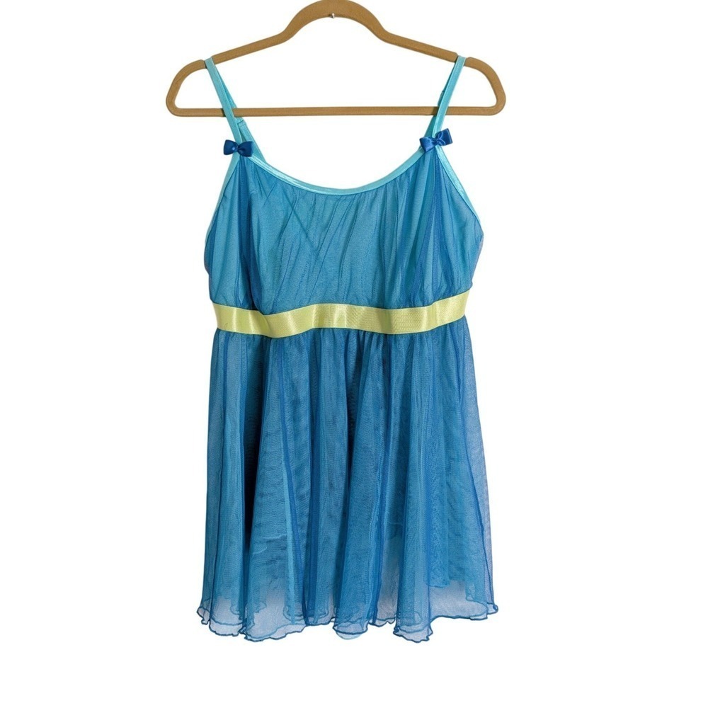 Cacique Vintage Y2K Soft Blue & Lime Green Flowy Mesh Bowtie Babydoll Chemise